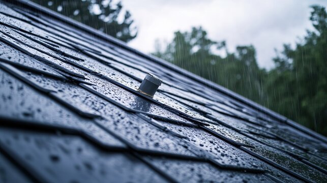 Lightning rod on roof during rainy day , storm, protection, safety, weather, metal, installation, electricity .