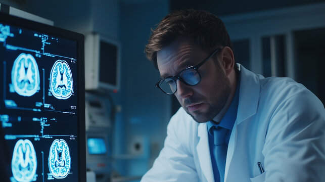 Neurolog, ubrany w fartuch, spogląda na monitor, na kt&oacute;rym wyświetlane są wyniki badań m&oacute;zgu.