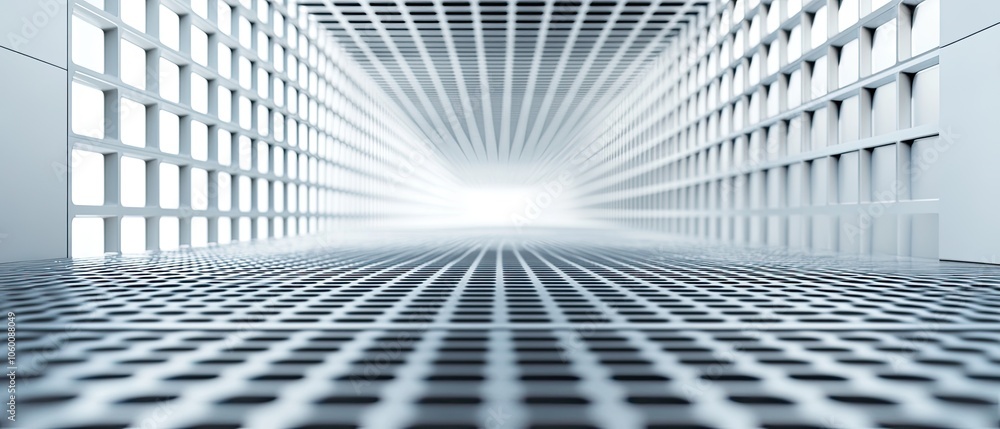 Poster abstract white architectural hallway with a grid pattern on the floor and walls.