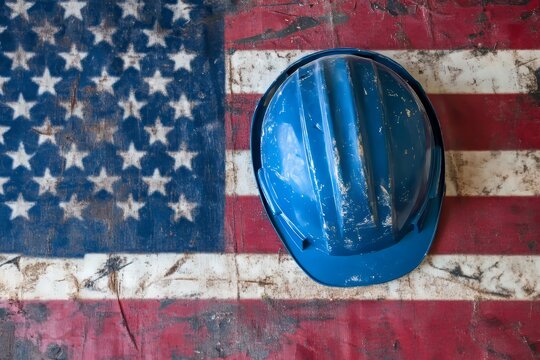 Flat lay composition of a blue hard hat on an american flag for labor day celebration