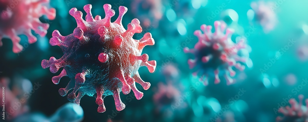 Poster close-up view of virus particles in a scientific context, highlighting their structure and details.