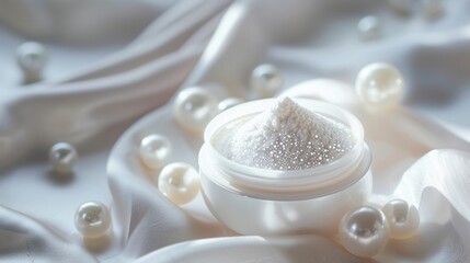 A pearl powder container with a soft puff, signifying luxurious skin brightening.