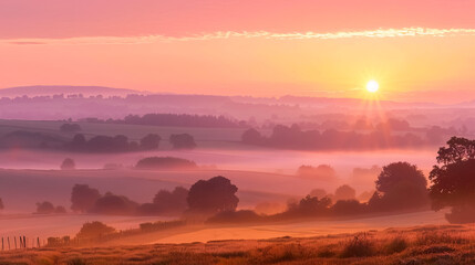 Fototapeta premium A breathtaking sunrise over a peaceful countryside, with golden rays painting the sky in hues of pink and orange.