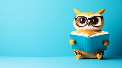 Adorable owl figurine with glasses, holding a book on a light blue background