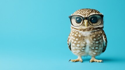 Owl figurine with large glasses on blue background, conveying curiosity and wisdom