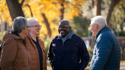 Elderly Friends Taking a Walk and Chatting on a Sunny Day, Generative ai 
