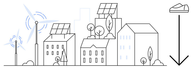 Buildings with solar panels, wind turbines, trees, and arrows suggesting growth and efficiency. Ideal for urban planning, sustainable energy, environmental science, green technology, smart cities