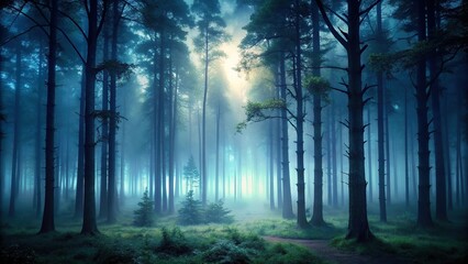 Fototapeta premium Dark forest landscape with tall trees and misty atmosphere at dusk, darkness, mist, seclusion