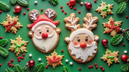Fototapeta premium Santa and reindeer Christmas cookies with holiday decorations