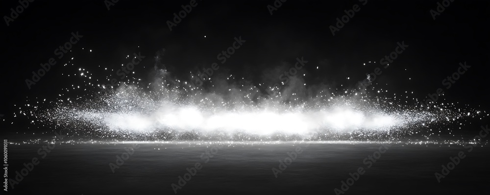 Poster a dynamic display of light and particles creating an ethereal, misty atmosphere.