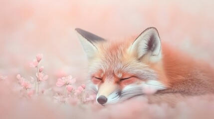 A fox is sleeping in a field of pink flowers