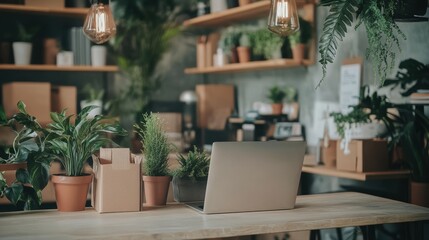 Fototapeta premium Modern Workspace with Laptop and Greenery