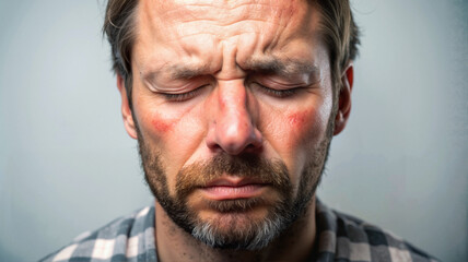 Obraz premium Older man with irritated red eyes and facial discomfort close-up