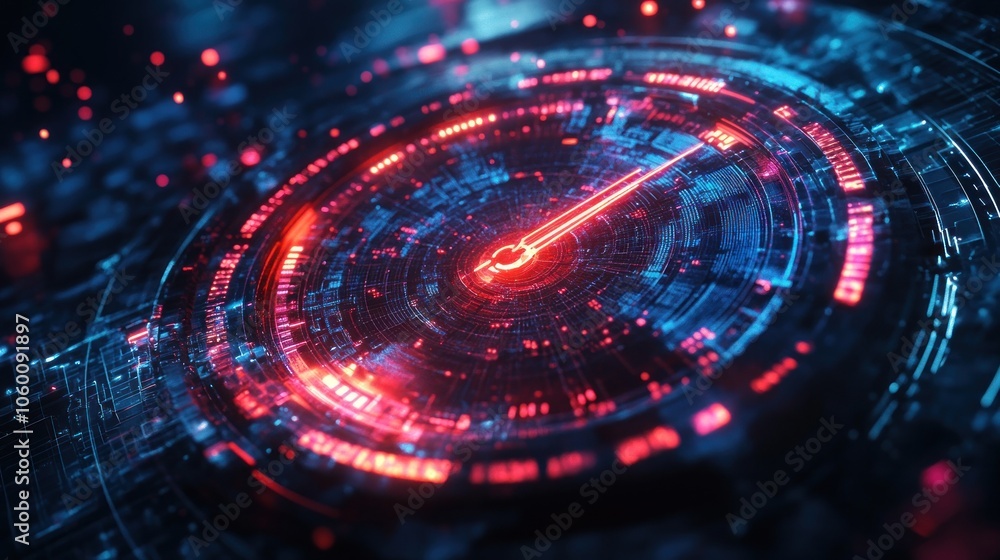 Poster a futuristic digital interface with glowing elements and a central gauge.
