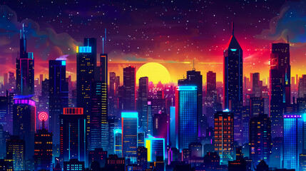 Obraz premium A bustling cityscape at night, with skyscrapers glowing under vibrant neon lights.