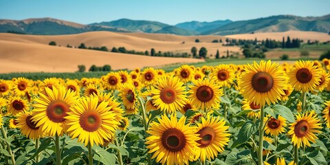 Obraz premium Field of blooming sunflowers in the Umbrian countryside with rolling hills in the background, agriculture, rolling hills, sunny