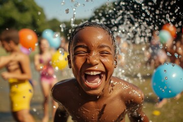Joyful children engaged in a fun water balloon fight in a sunny park, celebrating summer bliss