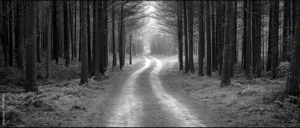 Poster a winding path through a dense forest of tall trees
