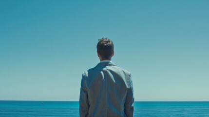 Fototapeta premium Man in Suit Contemplating the Ocean