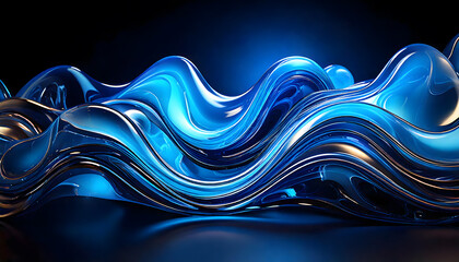 Abstract art fluid shapes reflecting blue light and color with a gloss.