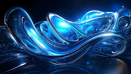Abstract art fluid shapes reflecting blue light and color with a gloss.
