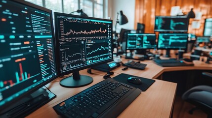 Traders in a bustling financial hub, eyes glued to screens, conveying the tense atmosphere of market volatility and the high stakes of trading.