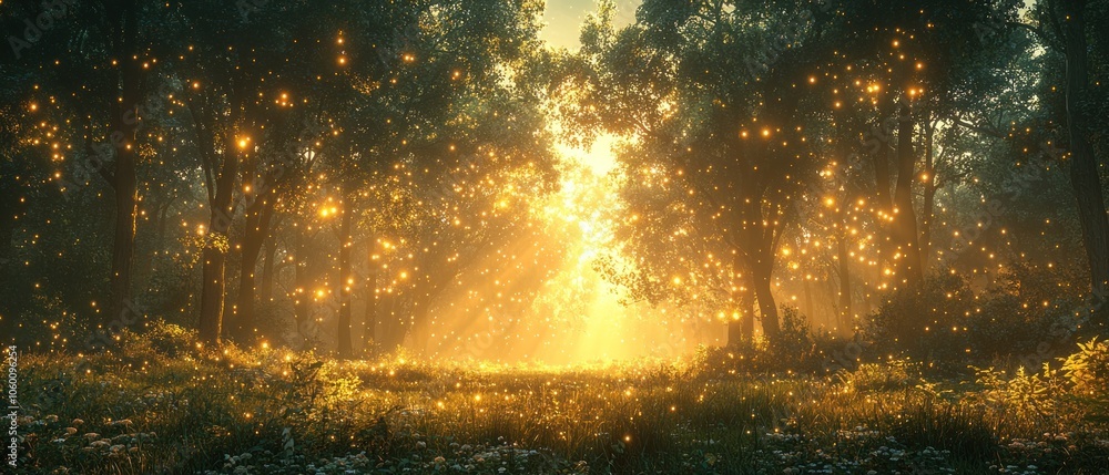 Poster a sunlit forest path with golden lights and glowing particles