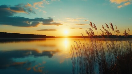 Obraz premium Serene sunset over a tranquil lake with tall grasses in the foreground.