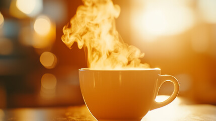 Steam swirls from a warm cup of coffee, bathed in morning light, inviting comfort and relaxation