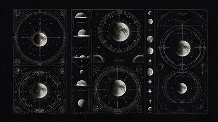 Vector illustration set of moon phases. Different stages of moonlight activity in vintage engraving style. Zodiac Signs Generative AI