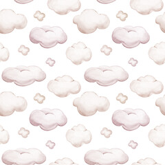 Fototapeta premium Seamlesss pattern with cartoon clouds, magic baby bear bunny toys and cow. Watercolor hand drawn illustration with white background
