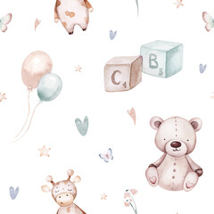 Seamlesss pattern with cartoon clouds, magic baby bear bunny toys and cow. Watercolor hand drawn illustration with white background