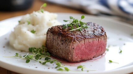 A rare filet mignon steak on a white plate, garnished with microgreens and a side of mashed potatoes