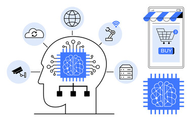 A human head silhouette with a central microchip connected to various icons including cloud computing, robotic arm, online shopping, data storage, surveillance camera. Ideal for AI, technology