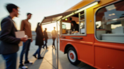 People standing in line at a food truck on a city street on a sunny day