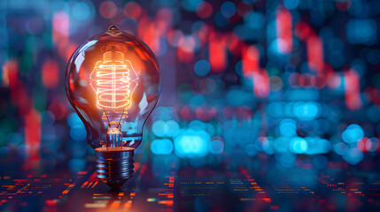 lightbulb with forex charts in the background, embodying a financial concept on a blue backdrop