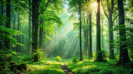 Fototapeta premium lush green forest landscape with tall trees and vibrant foliage, leaves, environment