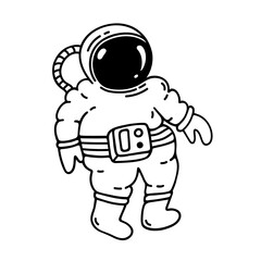 Obraz premium Astronaut vector icon. Hand drawn character in protective spacesuit with helmet. Cosmonaut in outer space. Simple black and white sketch, coloring for kid. Futuristic adventure, astronomy doodle