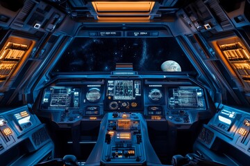 Futuristic spaceship cabin interior with cosmic view and advanced control panel for exploration