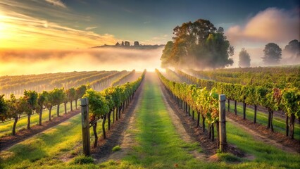 Obraz premium Misty morning in the vineyard with fog rolling in over the rows of grapevines, misty morning, landscape, agricultural produce