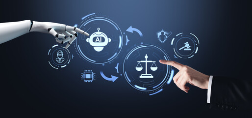 Human and robot finger touch ai and scales hologram, ethical codes