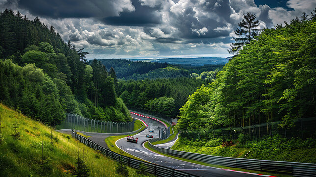 High-Performance Car Racing on the N&uuml;rburgring Nordschleife Track with Sharp Turns and Forested Surroundings, Capturing Speed and Intensity