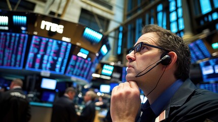 Traders in a bustling financial hub, eyes glued to screens, conveying the tense atmosphere of market volatility and the high stakes of trading.