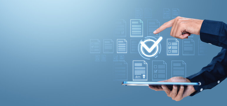 Man finger touch check mark, digital documents and files hologram. Copy space