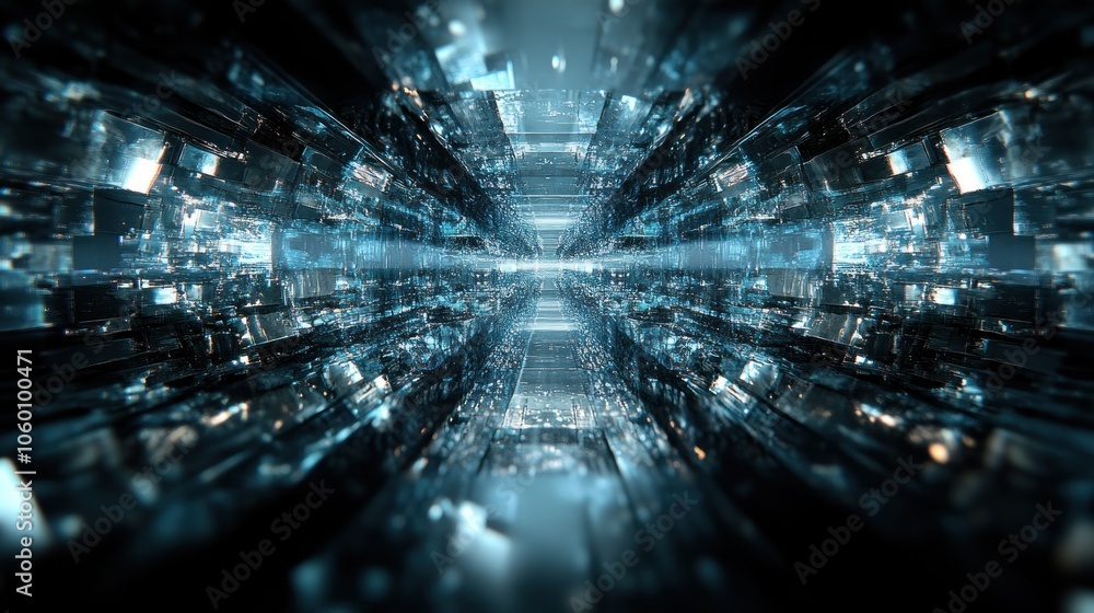 Poster futuristic digital tunnel with glowing structures and reflections.