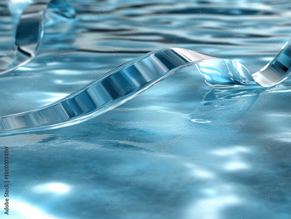 Poster a close-up of flowing water with a reflective ribbon-like element on the surface.