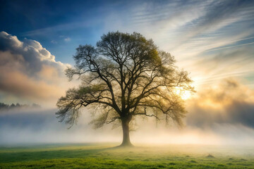 Fototapeta premium mountain meadow in morning light. countryside springtime landscape with valley in fog behind the forest on the grassy hill. fluffy clouds on a bright blue sky. nature freshness concept 
