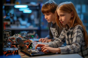 Children engage in programming activities with electronic devices in a modern workspace during an afternoon session