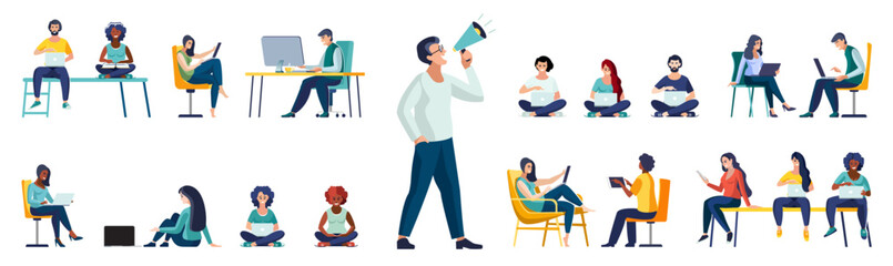 Fototapeta premium Flat vector illustration. Set of business people sitting in the process of work. Diverse men and women solving business problems, work assignments, explaining presentation, clerks doing office tasks