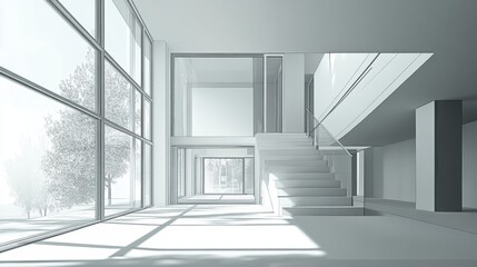 Fototapeta premium Modern minimalist interior design with a staircase and large windows overlooking a garden.